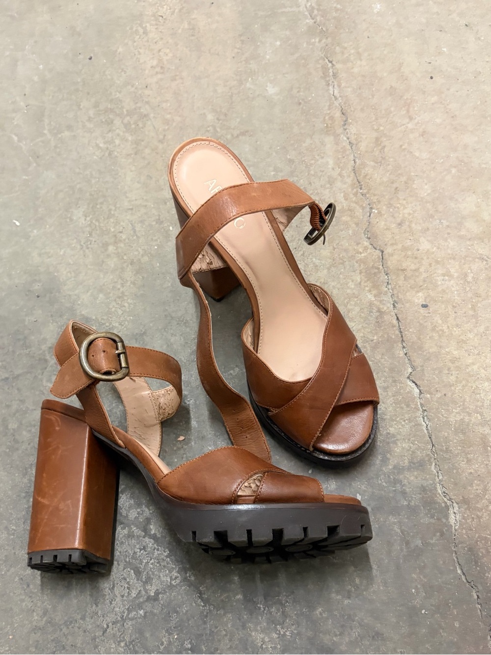 Arezzo Women’s‎ Brown Leather Block Heel Sandals
